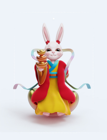 C4D立体国风金红喜庆财神兔子兔仙人手捧金元宝3D