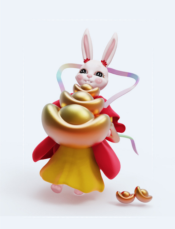 C4D立体国风金红喜庆财神兔子兔仙人怀抱三层元宝3D