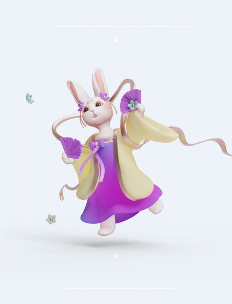 C4D立体国风2022国潮兔子月兔兔仙人舞扇子3D
