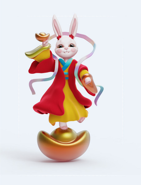 C4D立体国风金红喜庆财神兔子兔仙人站在元宝上3D
