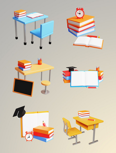 3DC4D立体开学季教室课桌教育学习创意课桌卡通立体元素