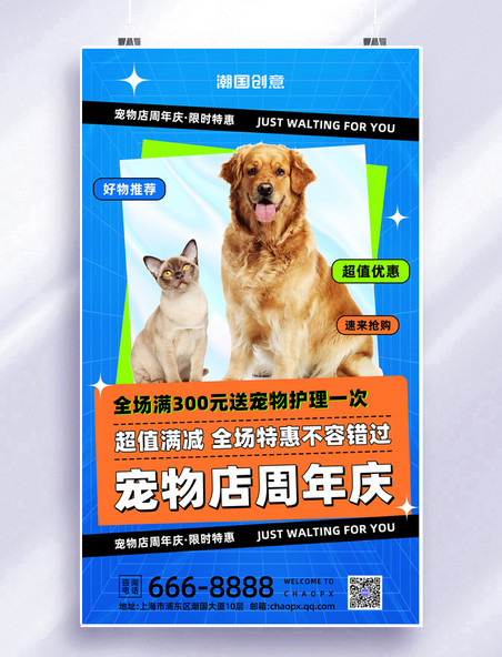 宠物店周年庆宠物美容蓝色酸性促销海报