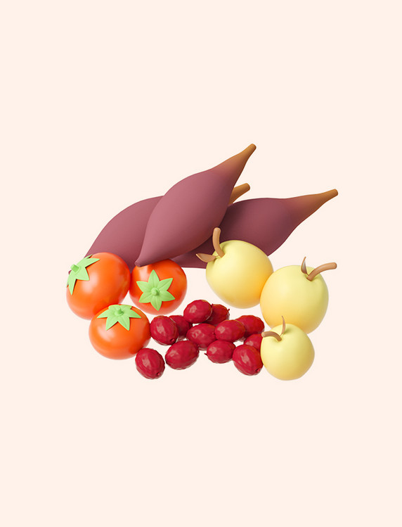 3D立体橙色C4D卡通秋季农产品红薯西红柿梨红枣
