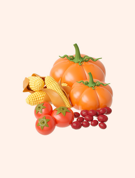 3D立体橙色C4D卡通秋季农产品南瓜玉米西红柿红枣