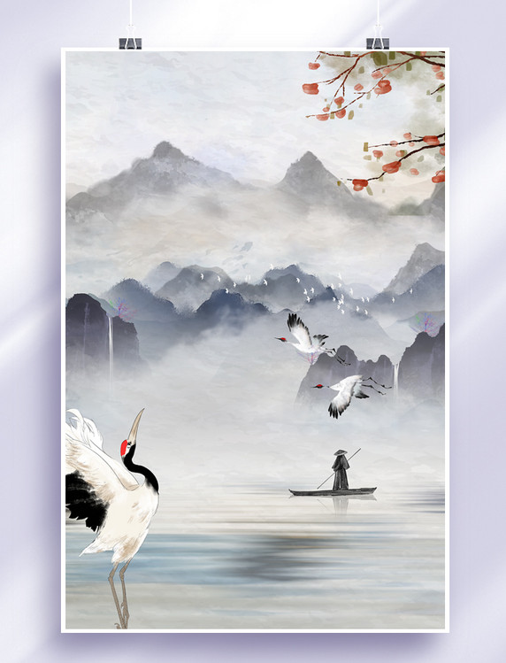 中国风水墨山水画简约创意白露节气山灰色古典背景
