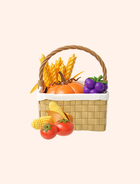 3D立体橙色C4D卡通秋季农产品南瓜玉米西红柿稻子葡萄