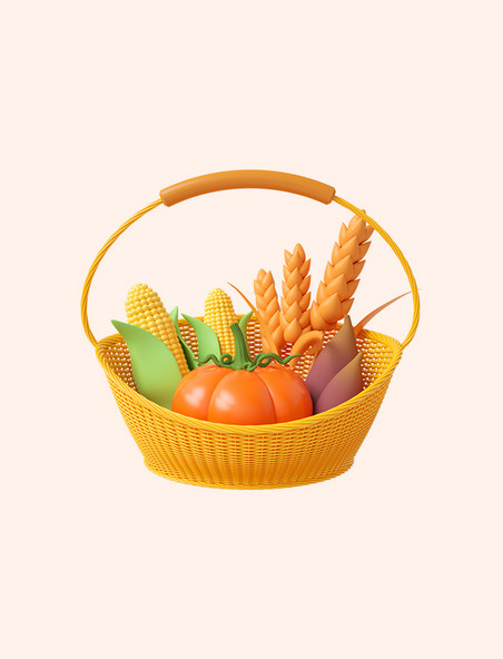 3D立体橙色C4D卡通秋季农产品南瓜玉米稻子红薯
