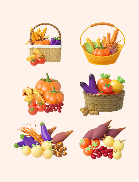 3D立体橙色C4D卡通秋天秋季农产品蔬果组合套图