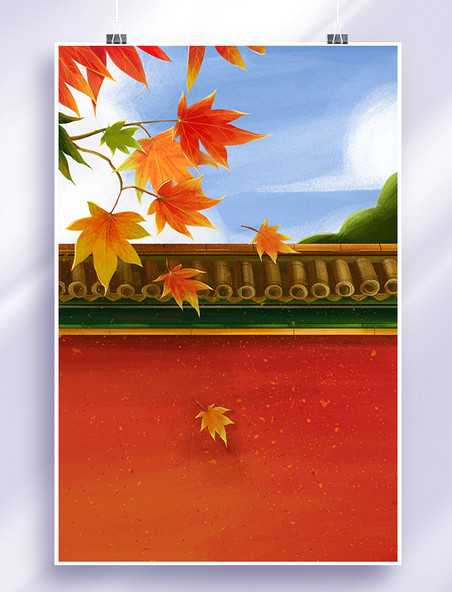 中国风红色围墙秋天秋季枫叶落叶唯美景色
