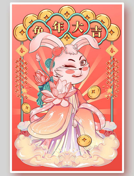 国潮春节中国风兔年拟人新年兔年大吉元宝国潮风插画