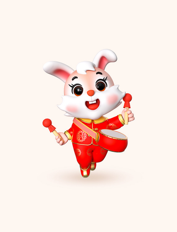 3d卡通兔子兔年新年春节吉祥物模型打鼓