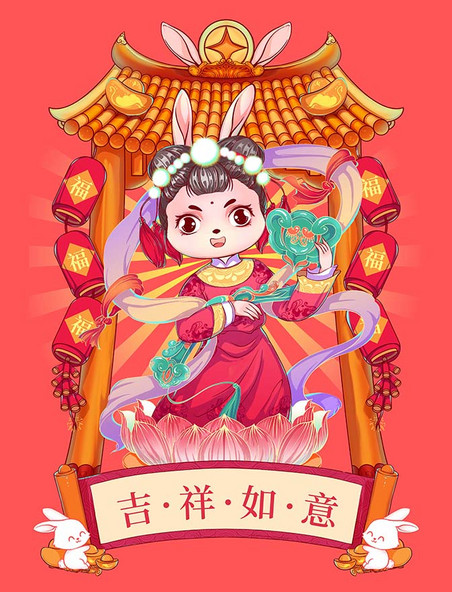 中国风传统节日春节兔年拟人民俗国潮风插画