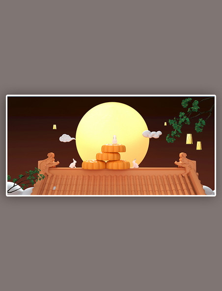 夜景房顶月饼创意简约中秋节中国风场景背景