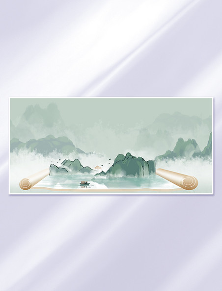 卷轴渔船青山绿水绿色系中国风山水画卷背景