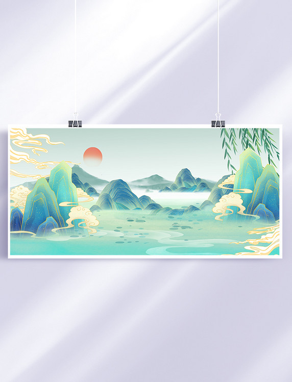 中国风国潮山水绿色山峰背景
