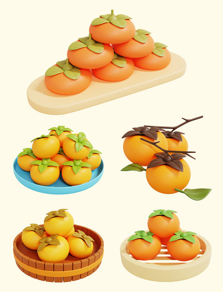 3D立体秋季水果霜降柿子果实元素