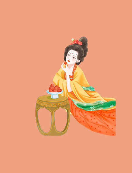 中国风古风美女插画风美人吃水果