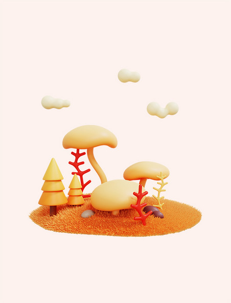 手绘3DC4D立体秋日蘑菇花草场景