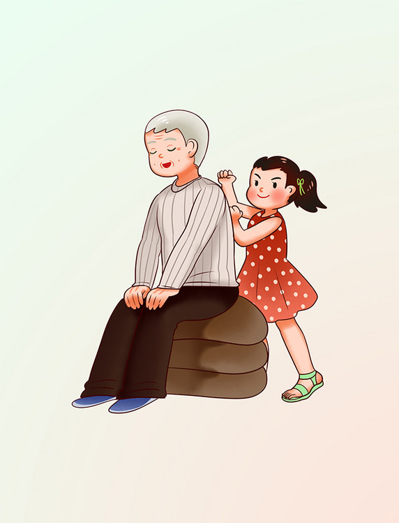 小女孩给长辈捶背重阳重阳节孝敬奶奶捶背陪伴敬老元素