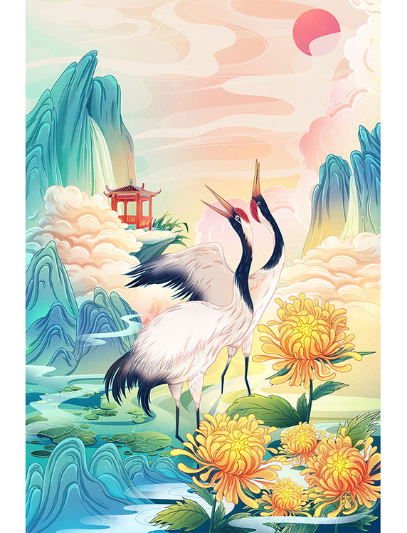 新中式国潮线描展翅高飞的仙鹤图片_大图网图片素材