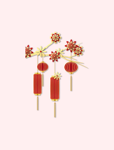 中国风红色新年剪纸梅花花朵灯笼吊饰