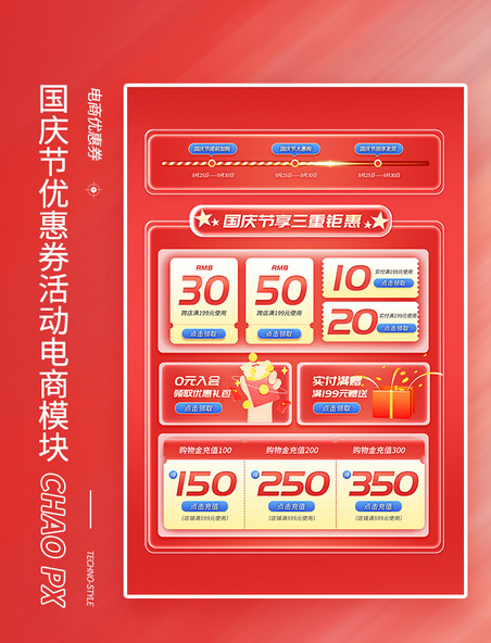 红色国庆国庆节优惠券活动电商模块时间轴
