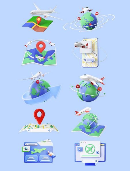 c4d地图全球化图标元素旅游地图行程机票旅行地图导航3D