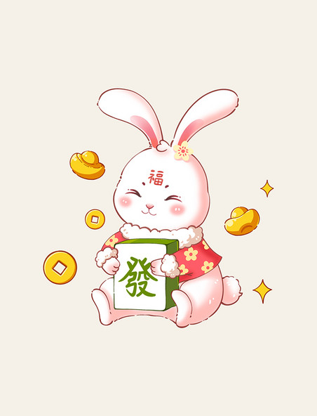 粉色春节兔子开心抱发字恭喜发财兔年新年元素