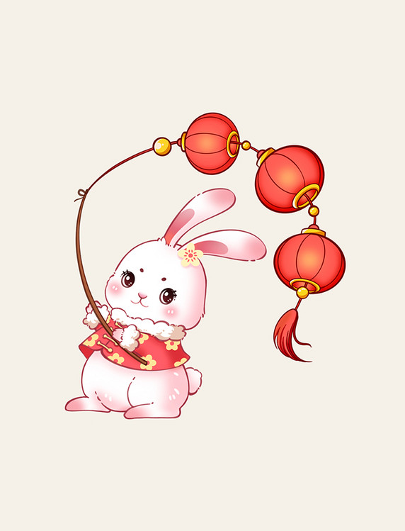 红色春节兔子开心拿灯笼挥舞兔年新年元素