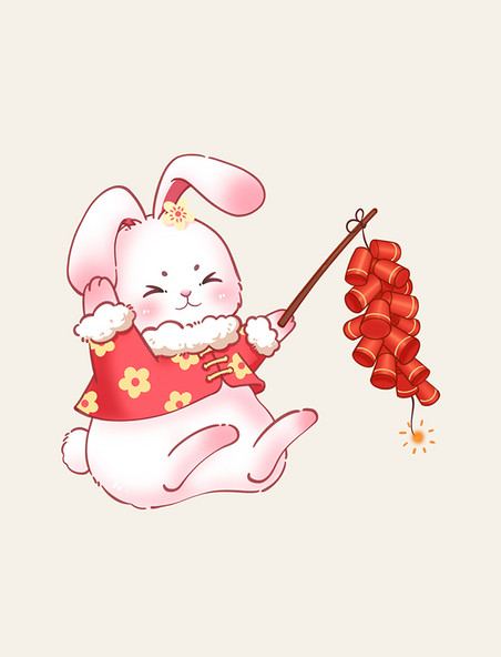 红色可爱春节兔子掩耳朵放鞭炮兔年新年元素