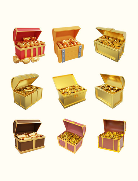 3D立体宝箱金条黄金金币金钱藏宝箱
