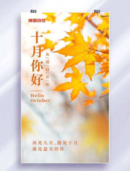 金黄色枫叶十月你好秋天你好简约唯美日签问候励志正能量海报