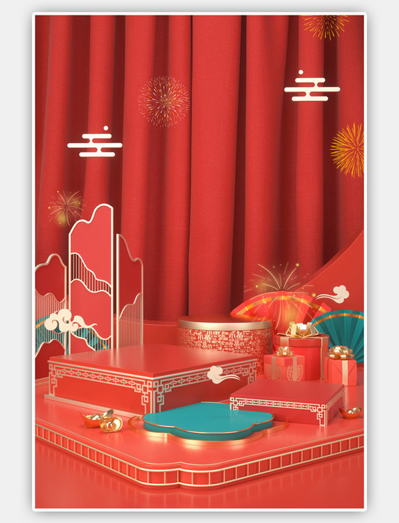 中国风C4D新年礼盒红色场景背景