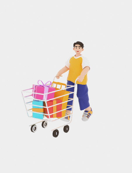 3D立体男性人物推购物车走路动图gif
