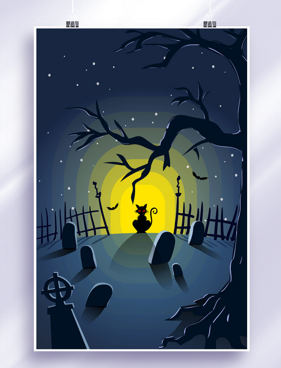 夜晚墓地里的黑猫插画