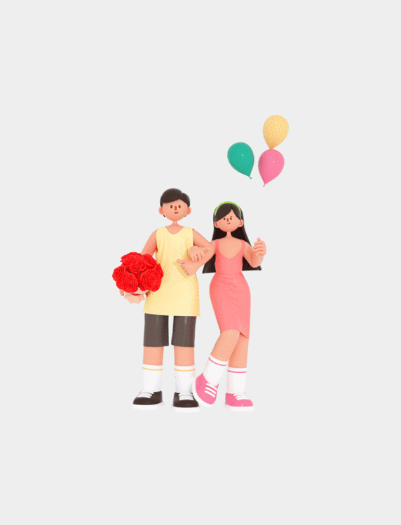 时尚卡通七夕C4D立体3D人物情侣鲜花气球动图
