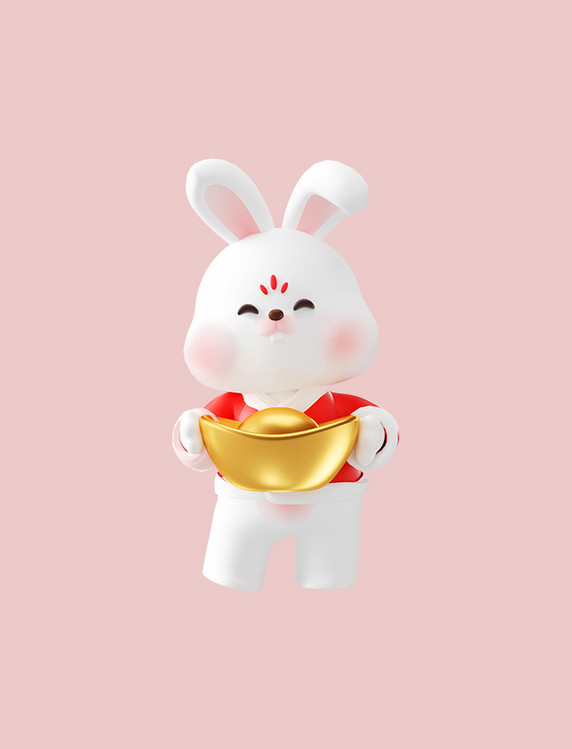 3d新年新春春节兔年卡通可爱兔子萌兔拿元宝