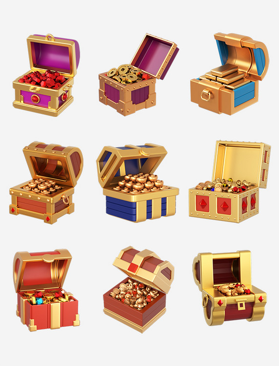 立体宝箱财宝3DC4D立体红宝石宝箱宝石金条金币金银财宝