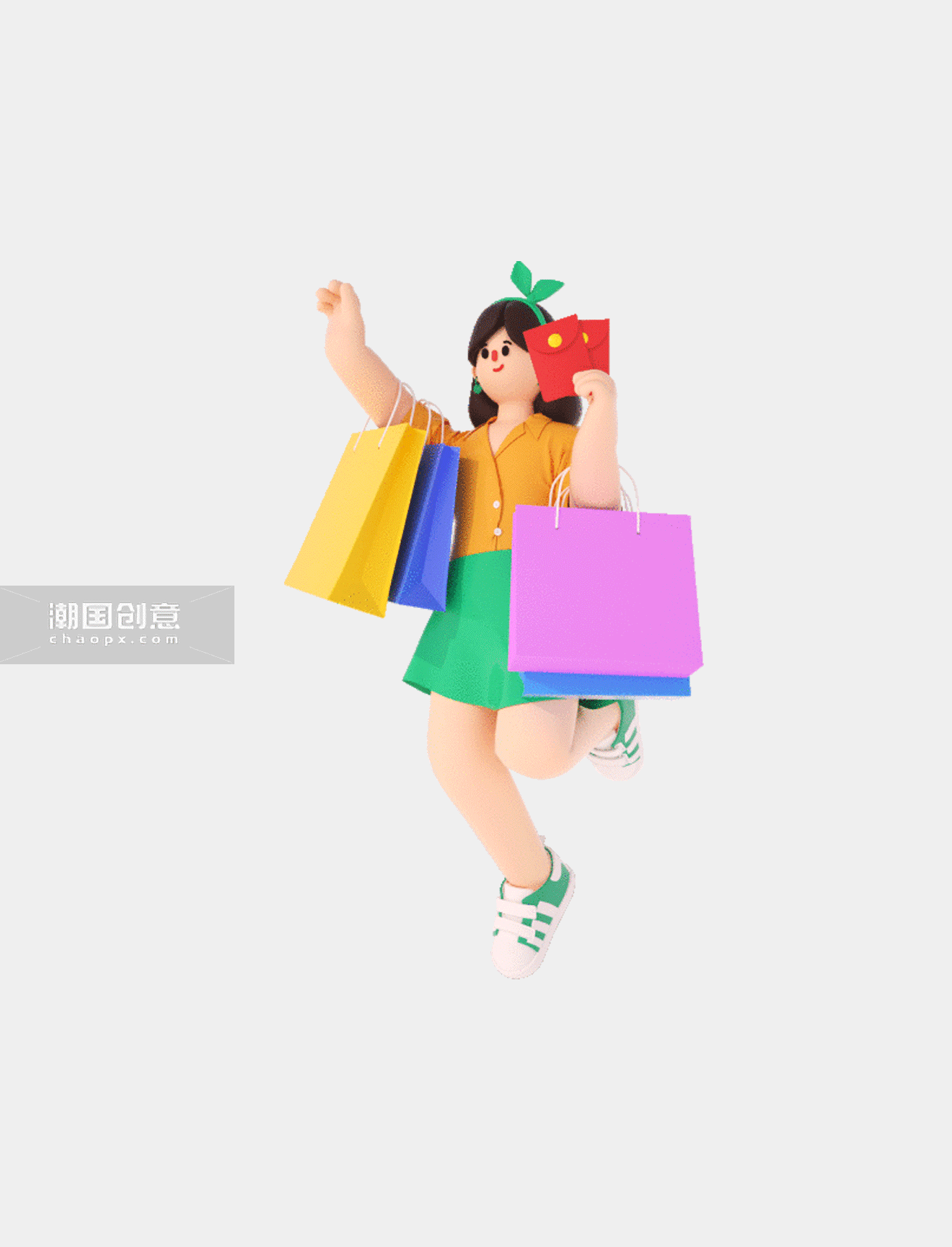 C4D立体3D购物袋购物拿红包女性角色动图gif电商人物