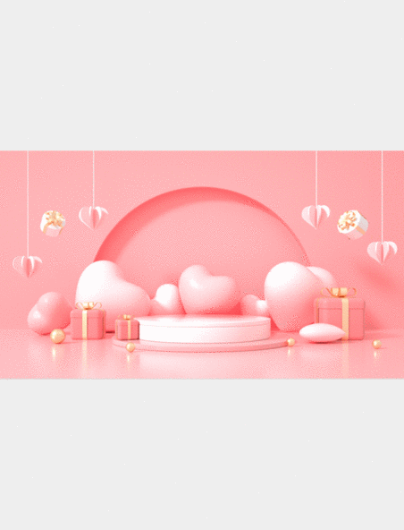 C4D立体3D粉色爱心礼物展台视频电商女神节背景动图gif