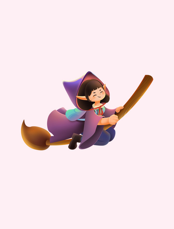 万圣节少女小魔女坐扫把飞行元素