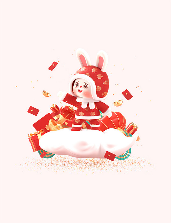 兔年快乐c4d兔子拜年3d元素素材祥云春节