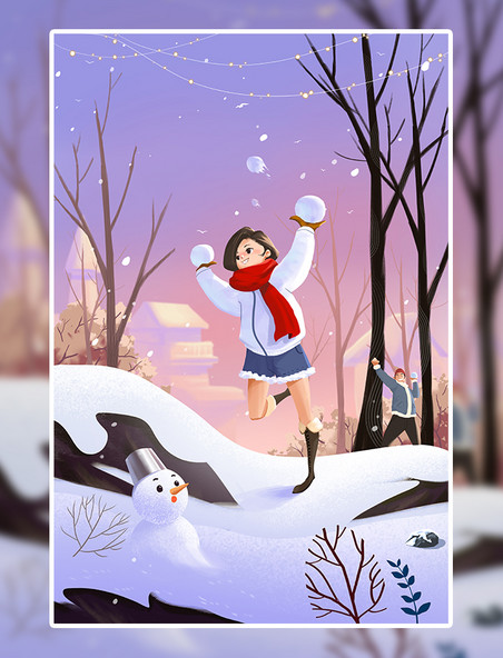 立冬节气户外打雪仗女孩和小雪人竖版插画