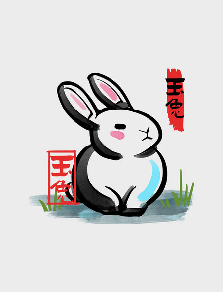 传统新年新春兔子水墨白兔