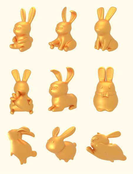 3D立体新年兔年大吉金色兔子元素