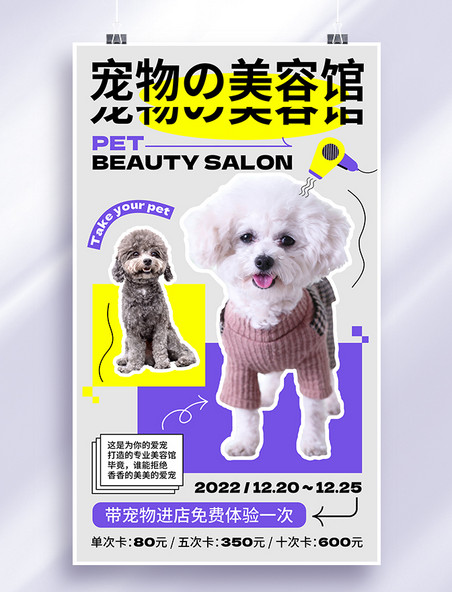 扁平图形化宠物美容宠物项目宠物医院宠物服务促销打折宣传海报