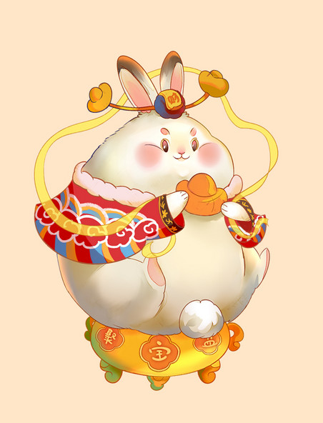 国潮兔年新年新春春节卡通可爱兔子胖胖兔聚宝盆财神兔