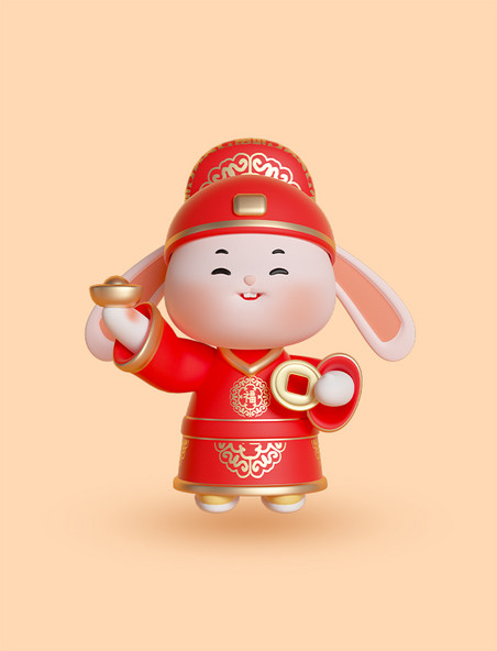 3D中国风立体兔年春节拟人兔子IP财神兔元宝金币