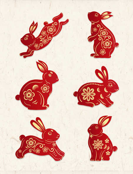 兔年春节新年红色红金立体剪纸兔子套图