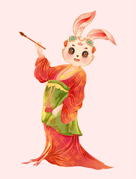 国潮中国风兔年新年新春春节兔子手拿毛笔